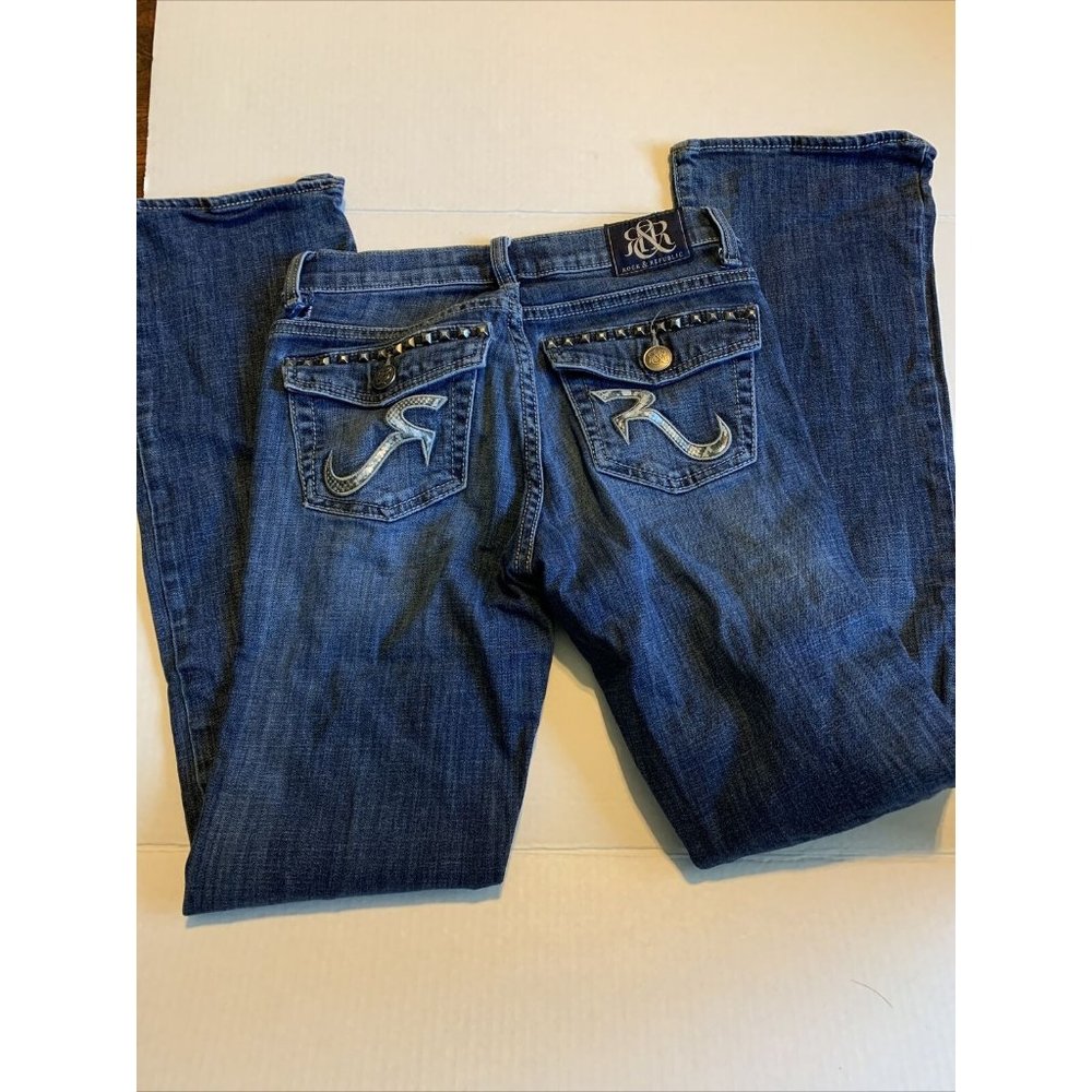 Rock & Republic Bootcut Jeans Women's 2 Blue  Mid Rise Embellished Pockets